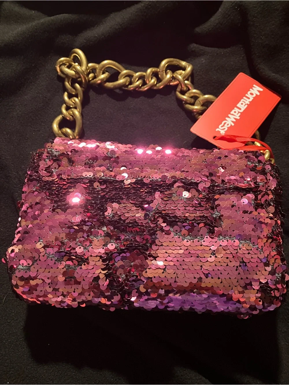 Montana West Sequin Evening Bag Hot Pink Gold Chunky Chain Crossbody NWT Luxury
